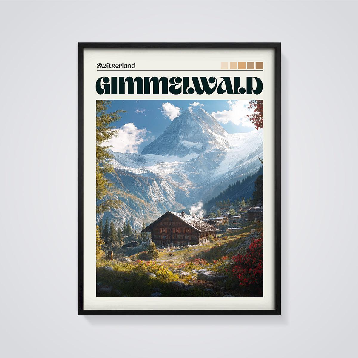 Gimmelwald Swiss Alps Print framed in black on a grey background