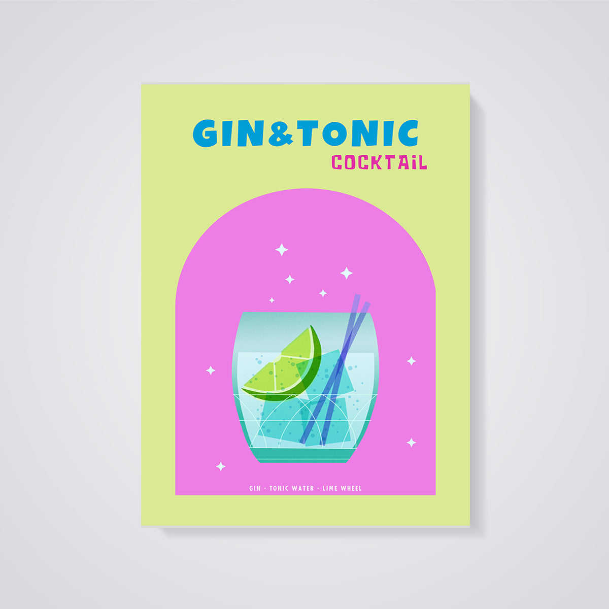 Gin & Tonic Cocktail Print unframed on a grey background
