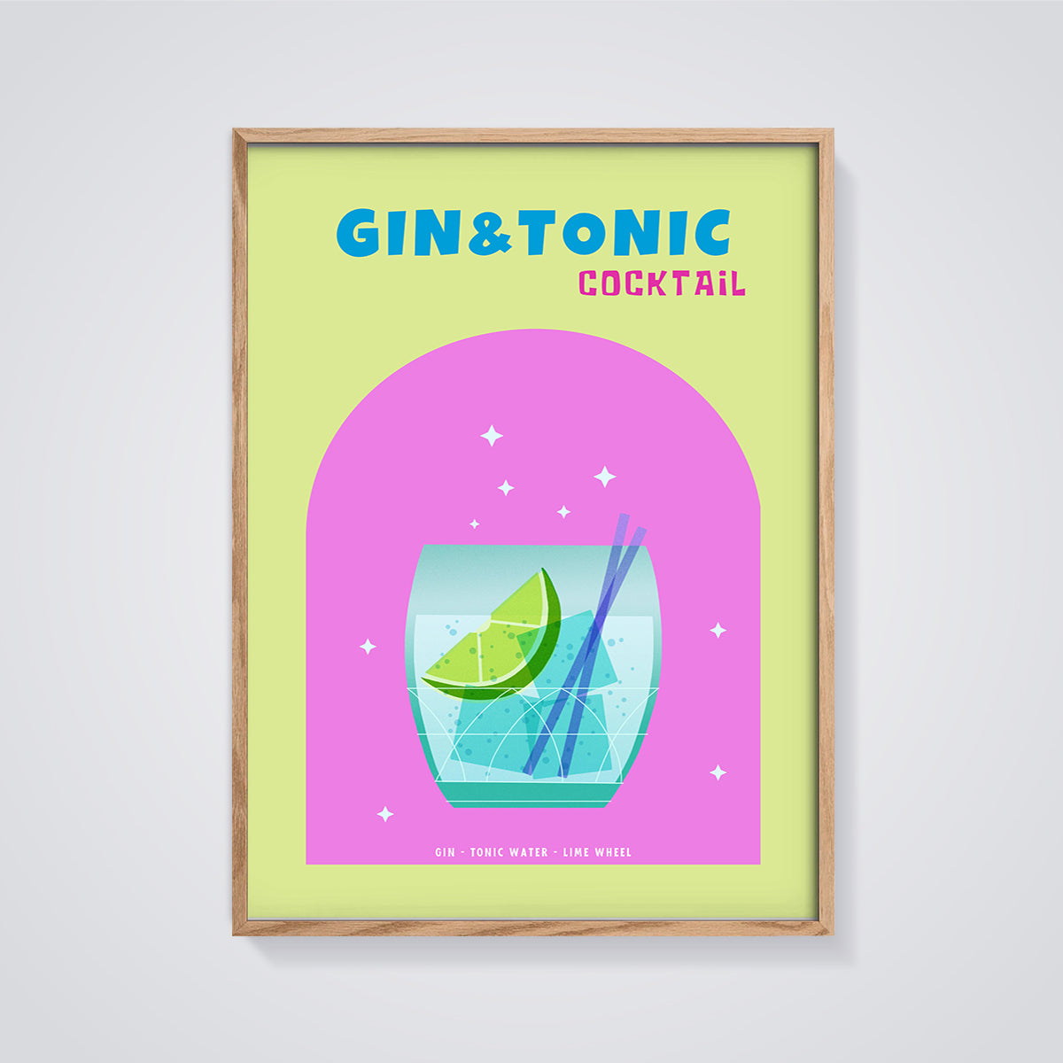 Gin & Tonic Cocktail Print framed in oak on a grey background