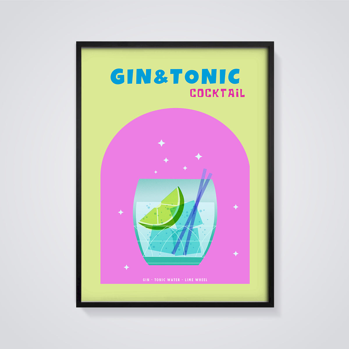 Gin & Tonic Cocktail Print framed in black on a grey background