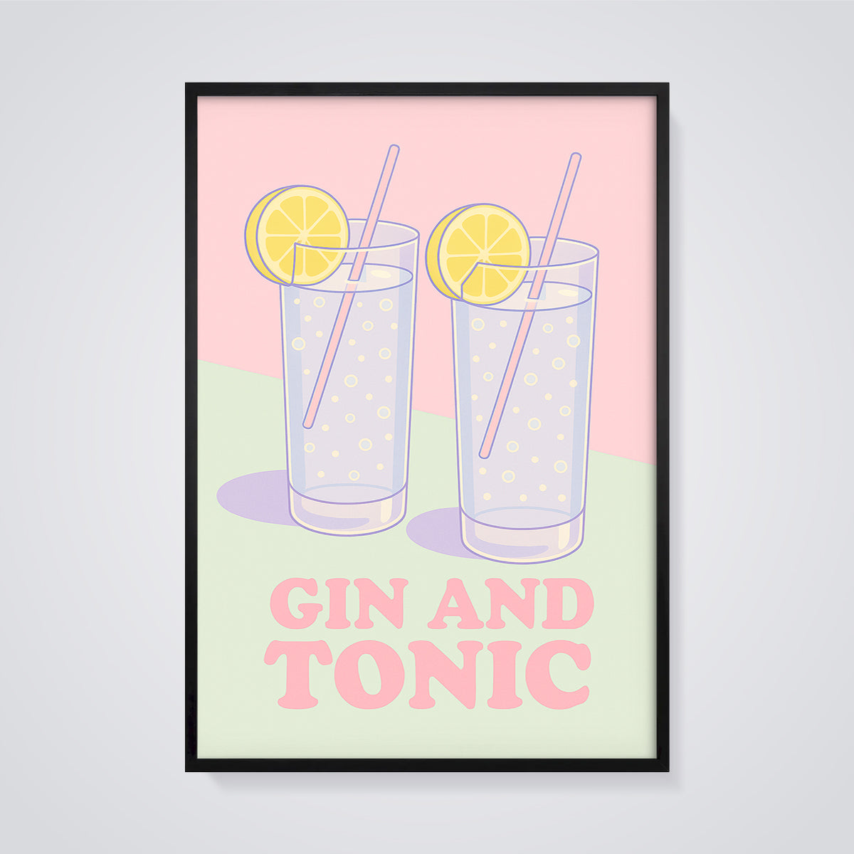 Gin and Tonic Drinks Print framed in black on a grey background