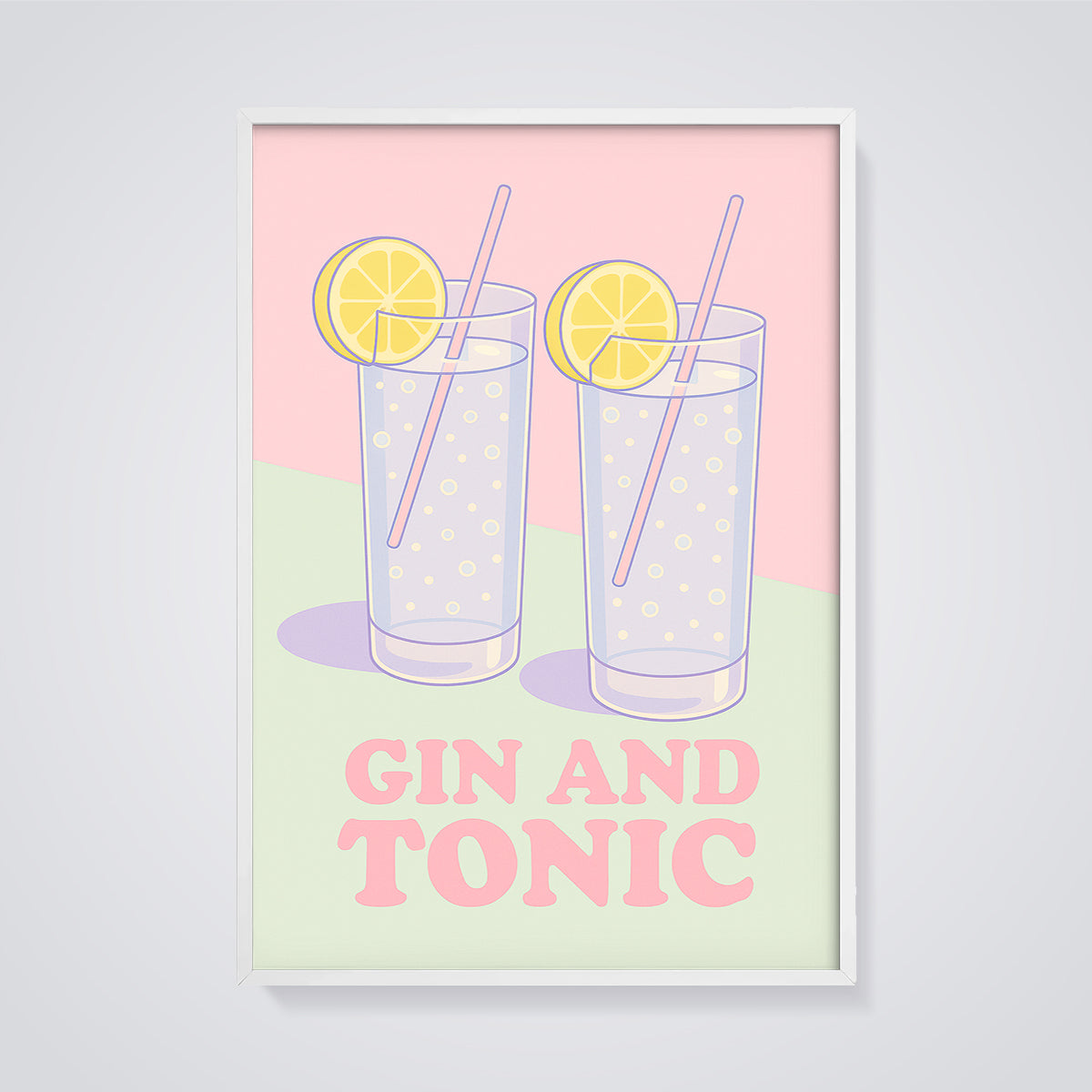 Gin and Tonic Drinks Print framed in white on a grey background