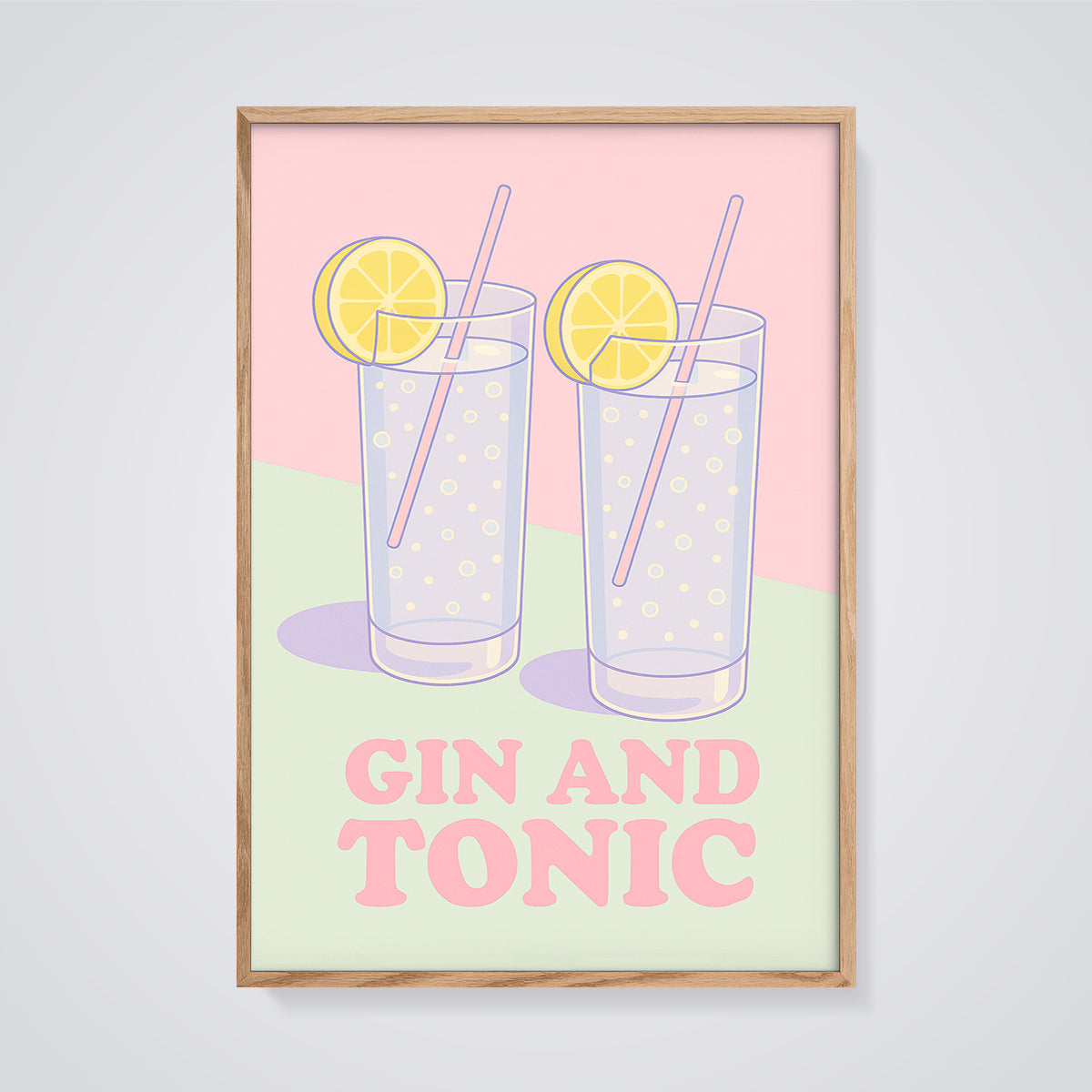 Gin and Tonic Drinks Print framed in oak on a grey background