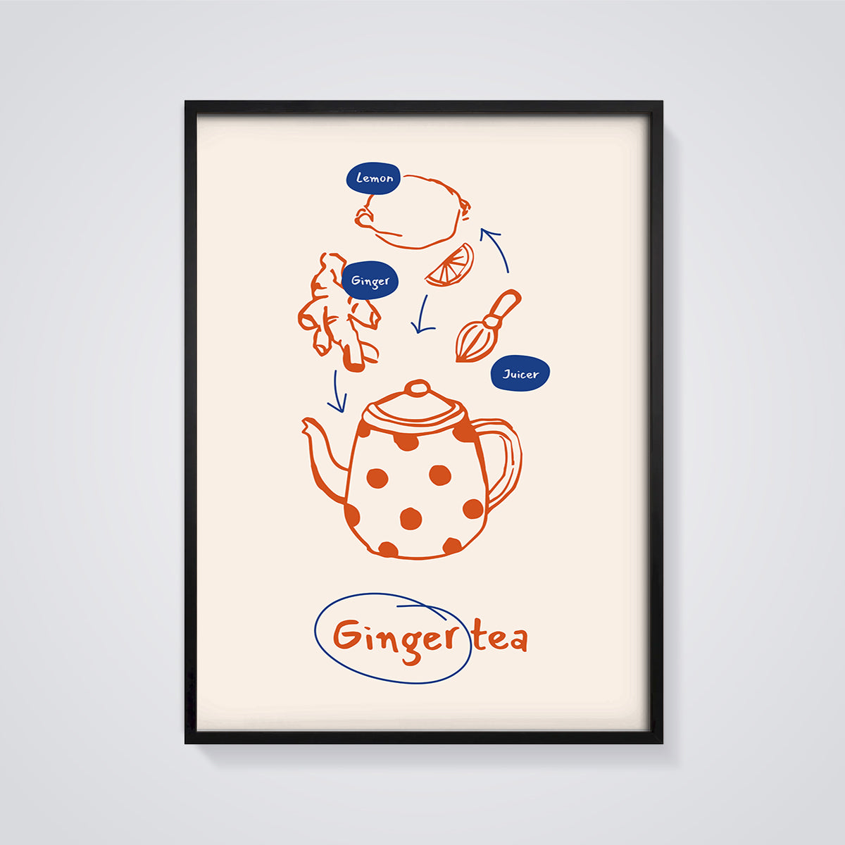 Ginger Lemon Tea Recipe Print framed in black on a grey background