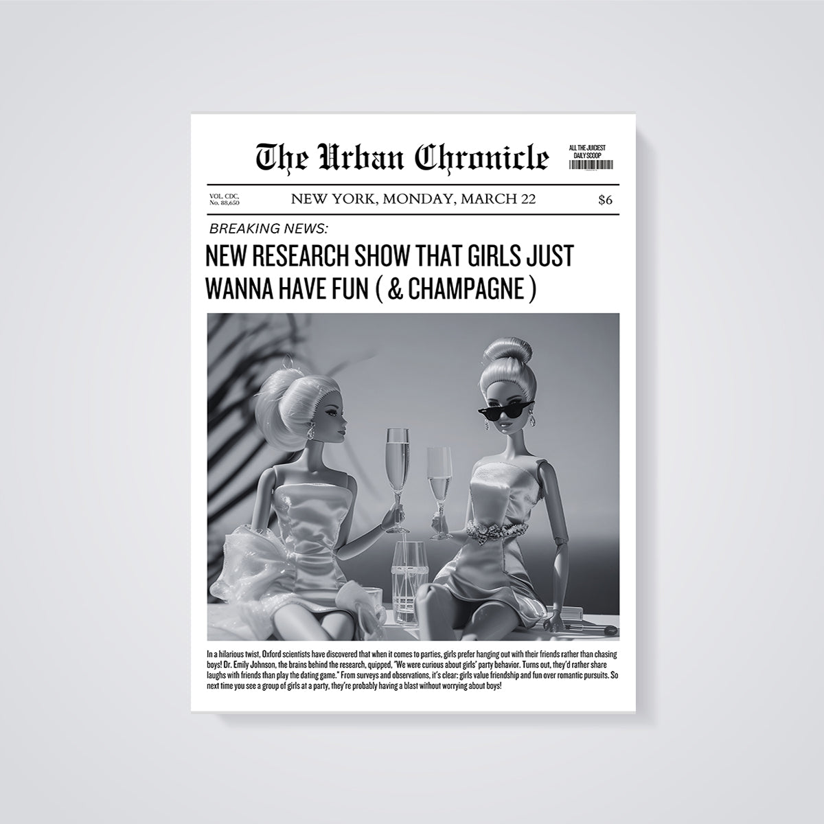 Girls Just Wanna Have Fun & Champagne Print unframed on a grey background