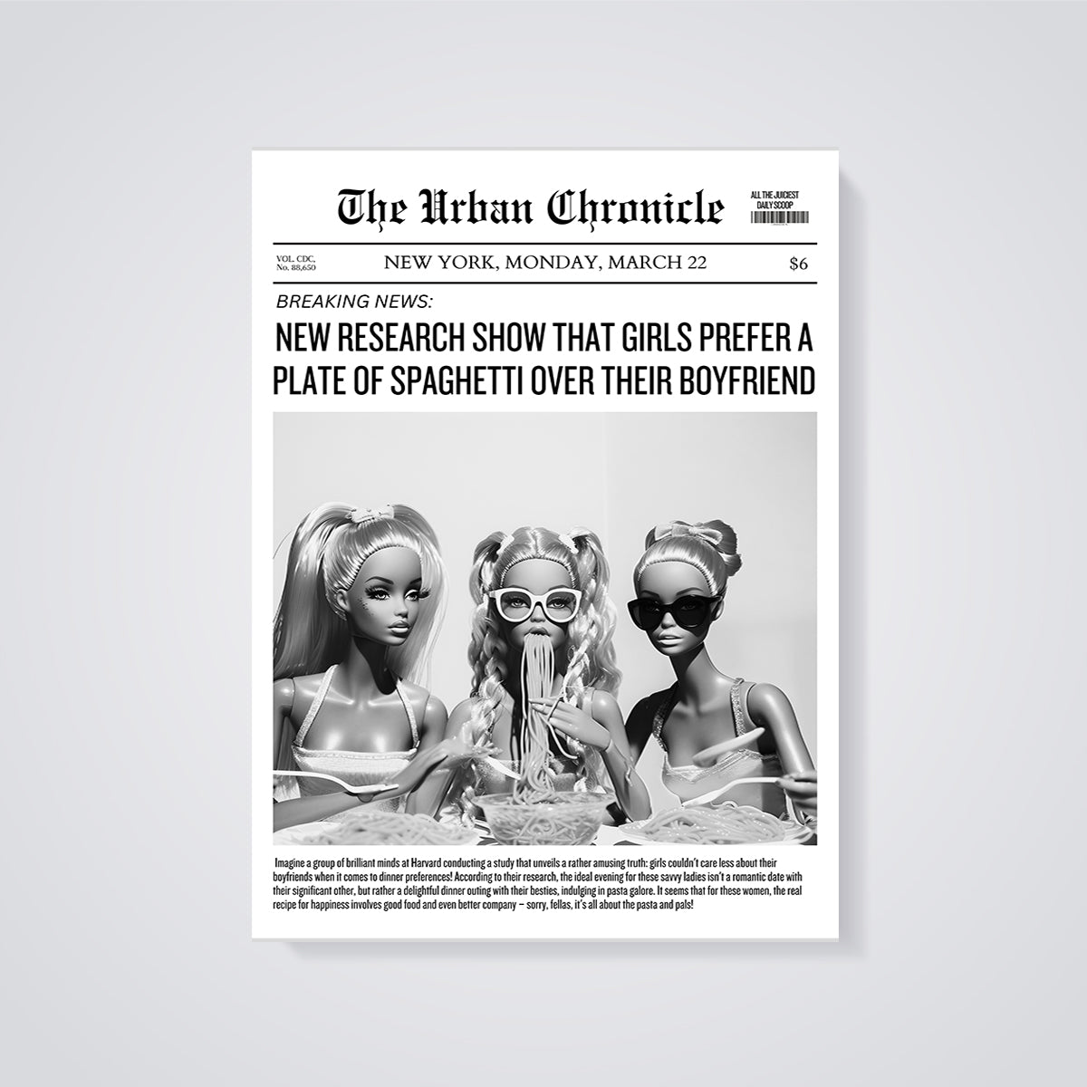 Girls Prefer Spaghetti News Print unframed on a grey background