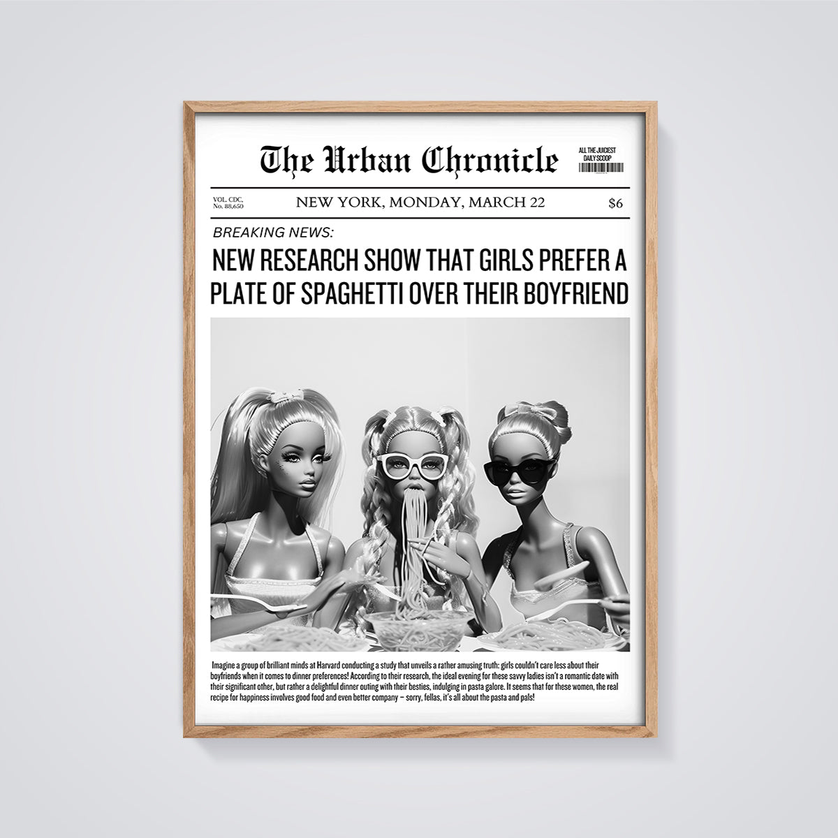 Girls Prefer Spaghetti News Print framed in oak on a grey background