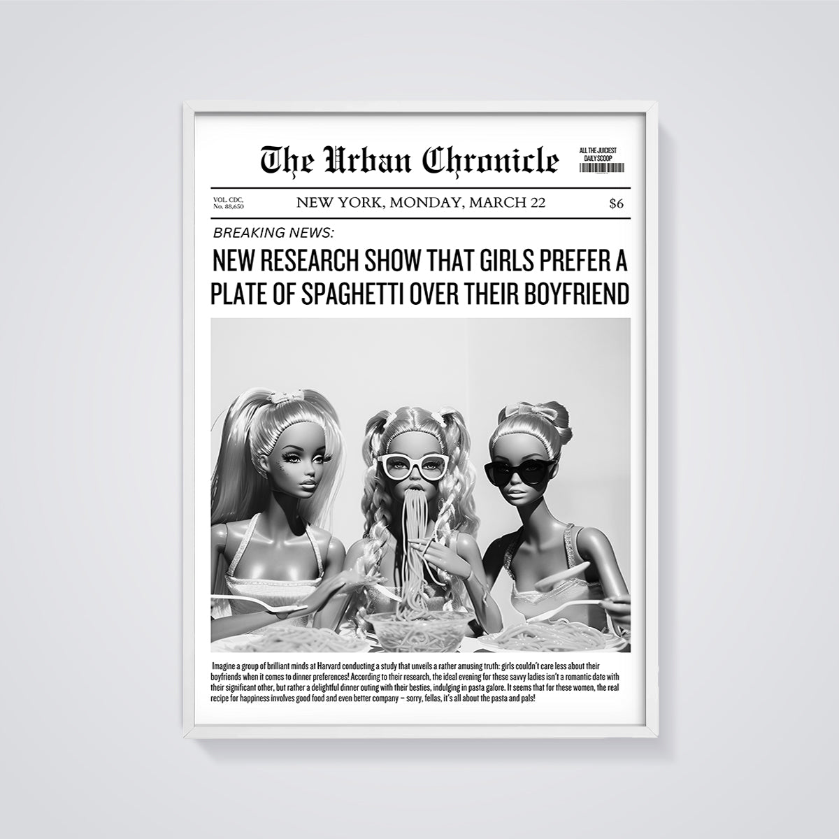 Girls Prefer Spaghetti News Print framed in white on a grey background