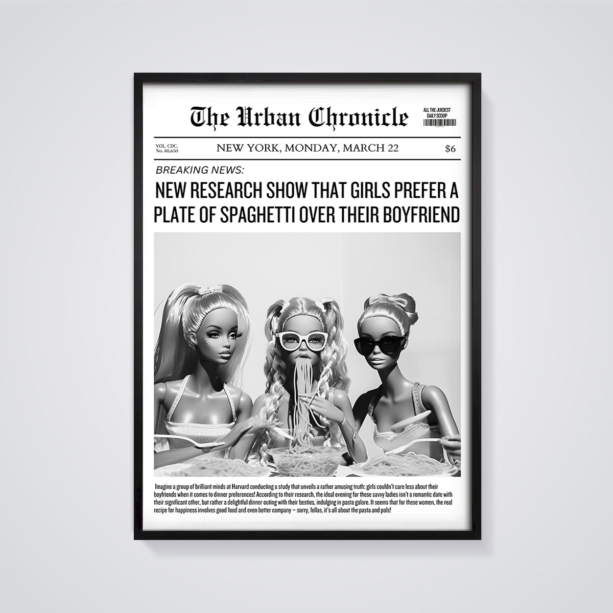 Girls Prefer Spaghetti News Print framed in black on a grey background
