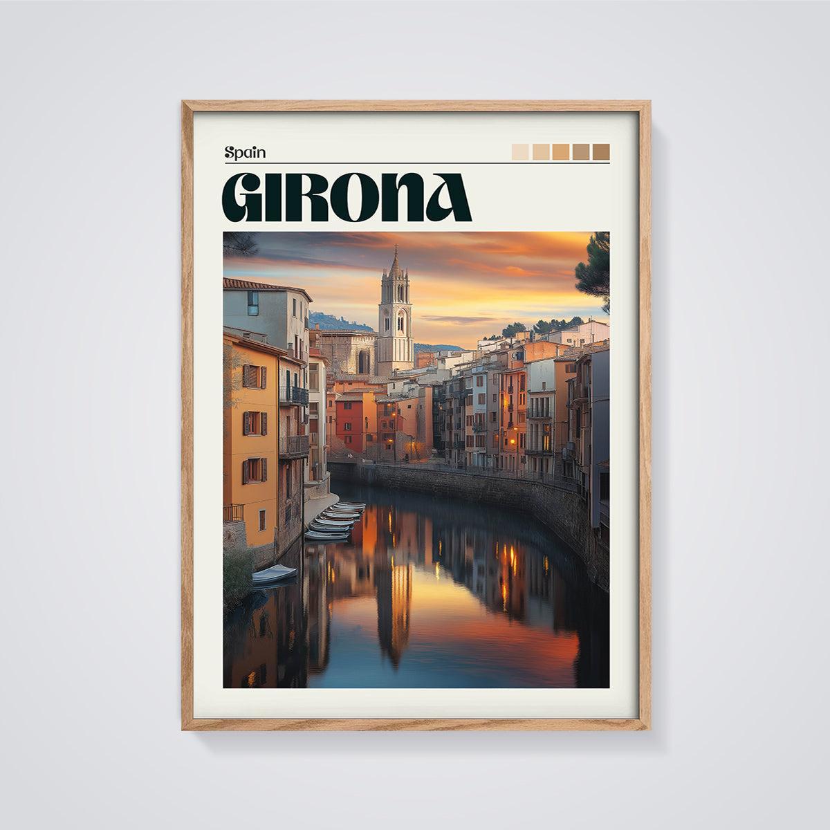 Girona Sunset River View Print framed in oak on a grey background