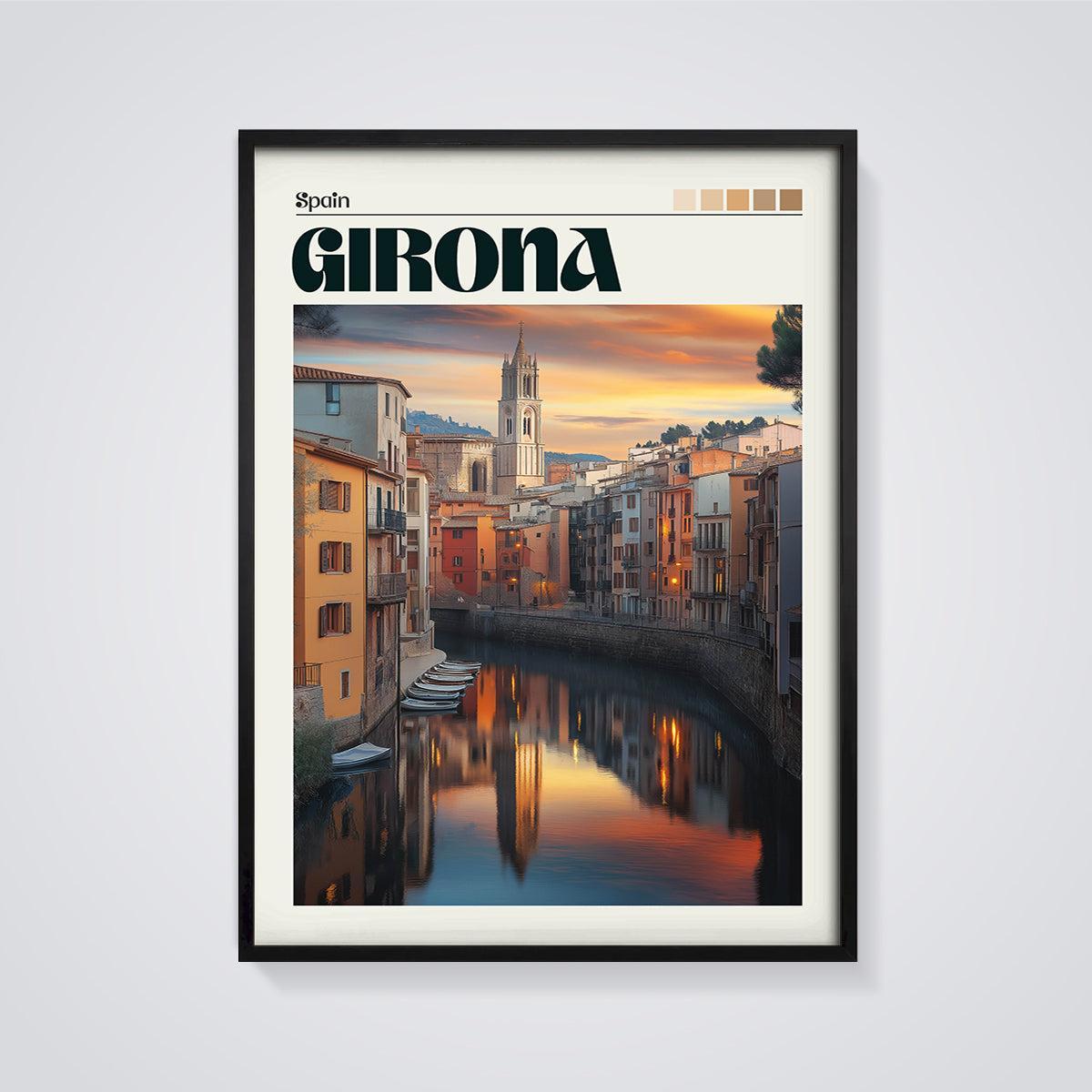 Girona Sunset River View Print framed in black on a grey background