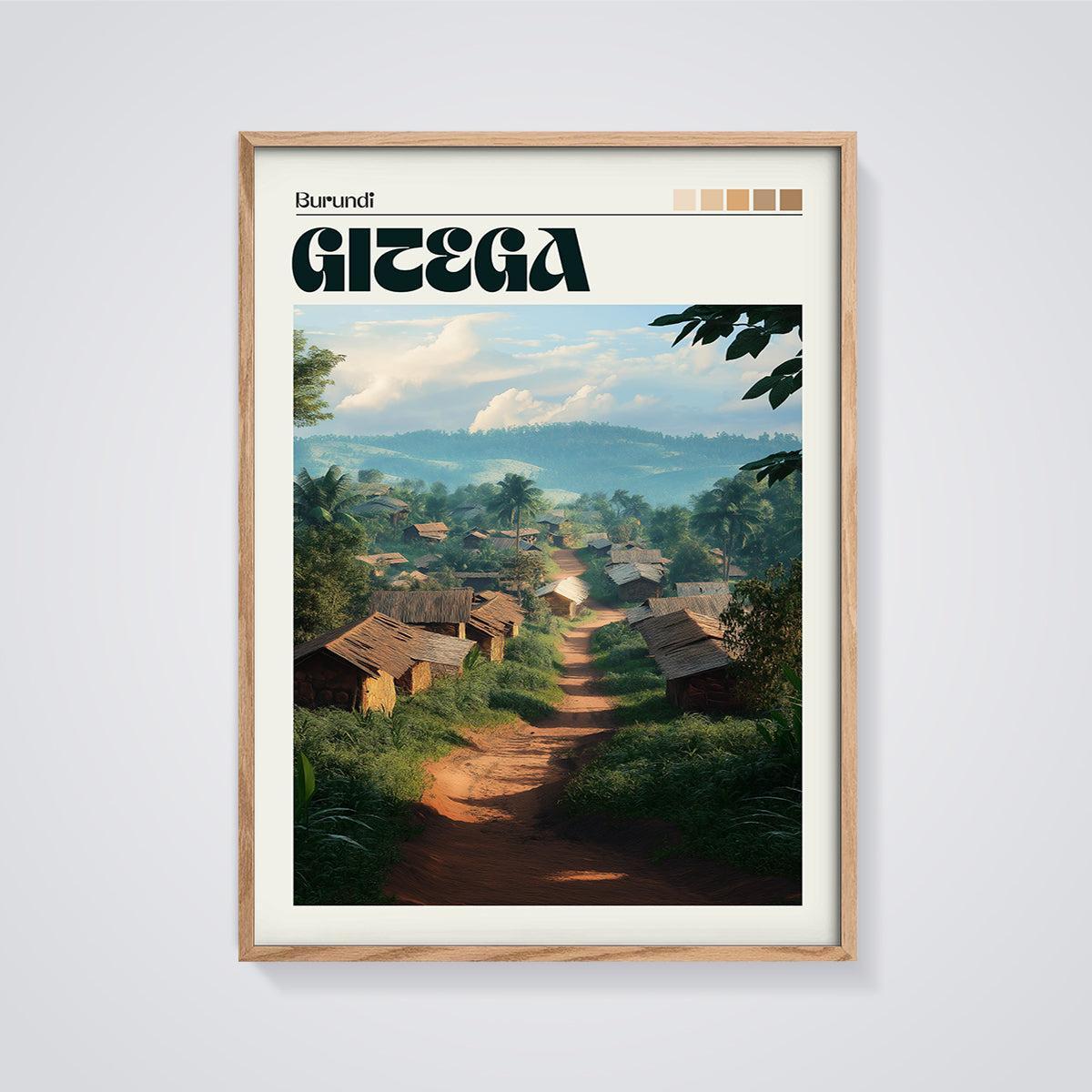 Gitega Burundi Village Print framed in oak on a grey background