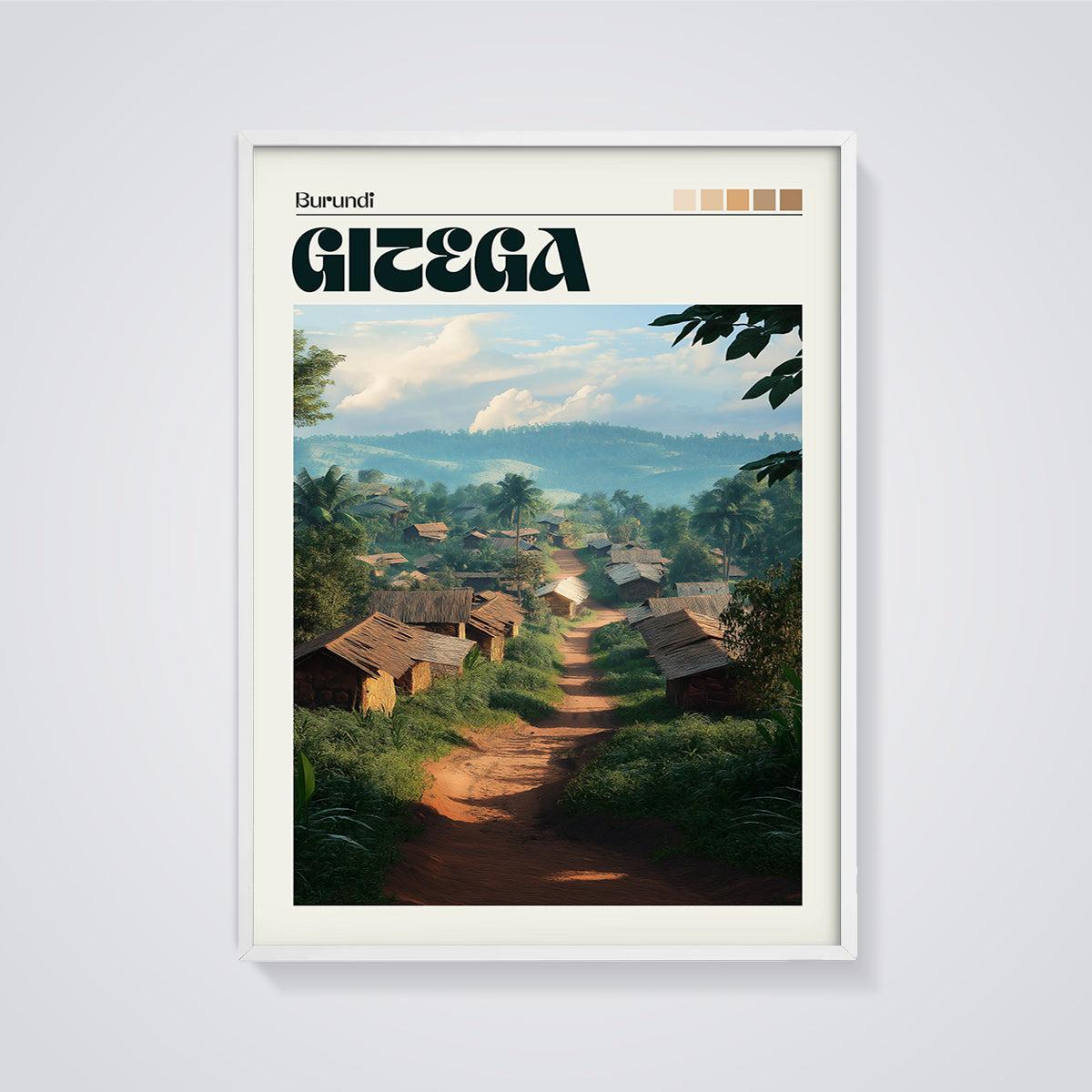 Gitega Burundi Village Print framed in white on a grey background