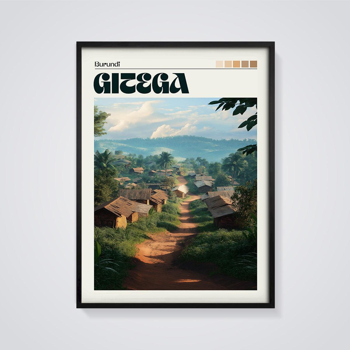 Gitega Burundi Village Print framed in black on a grey background
