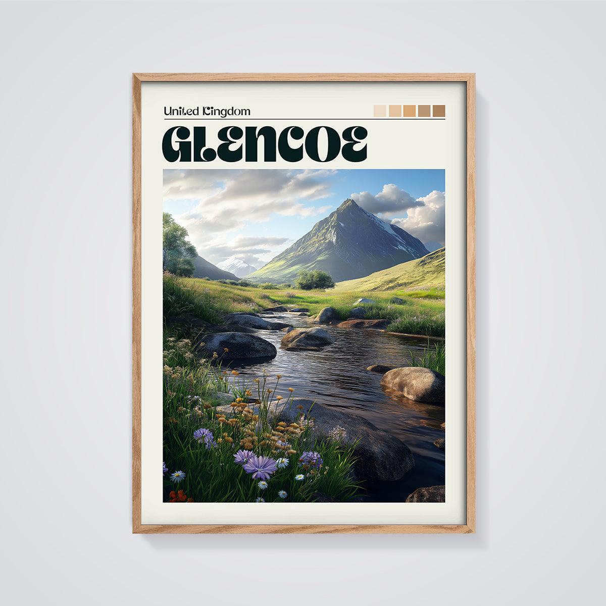 Glencoe Valley Stream Print framed in oak on a grey background