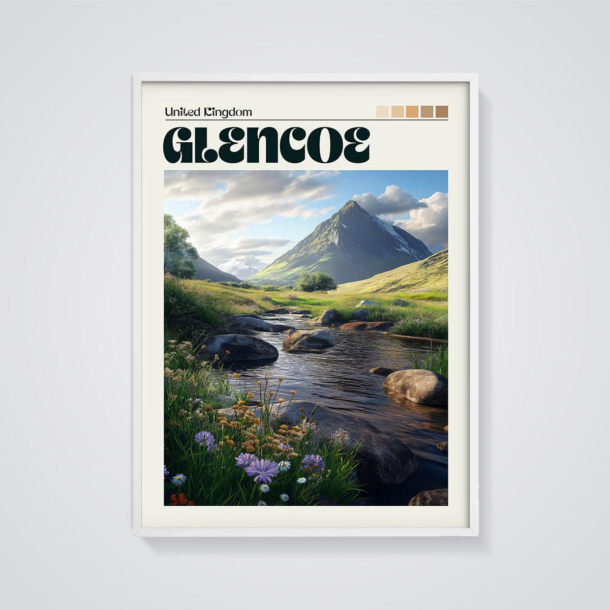 Glencoe Valley Stream Print framed in white on a grey background