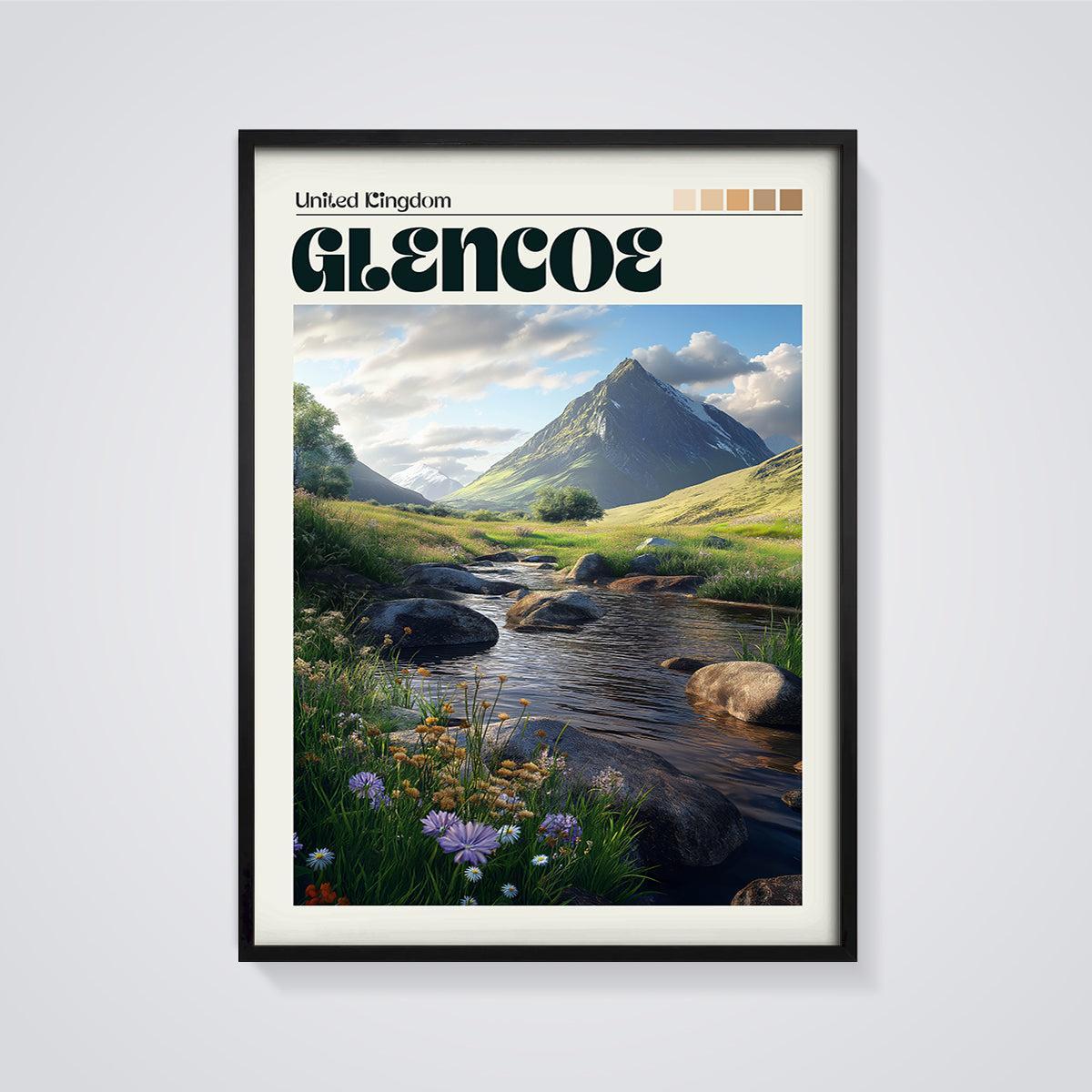 Glencoe Valley Stream Print framed in black on a grey background