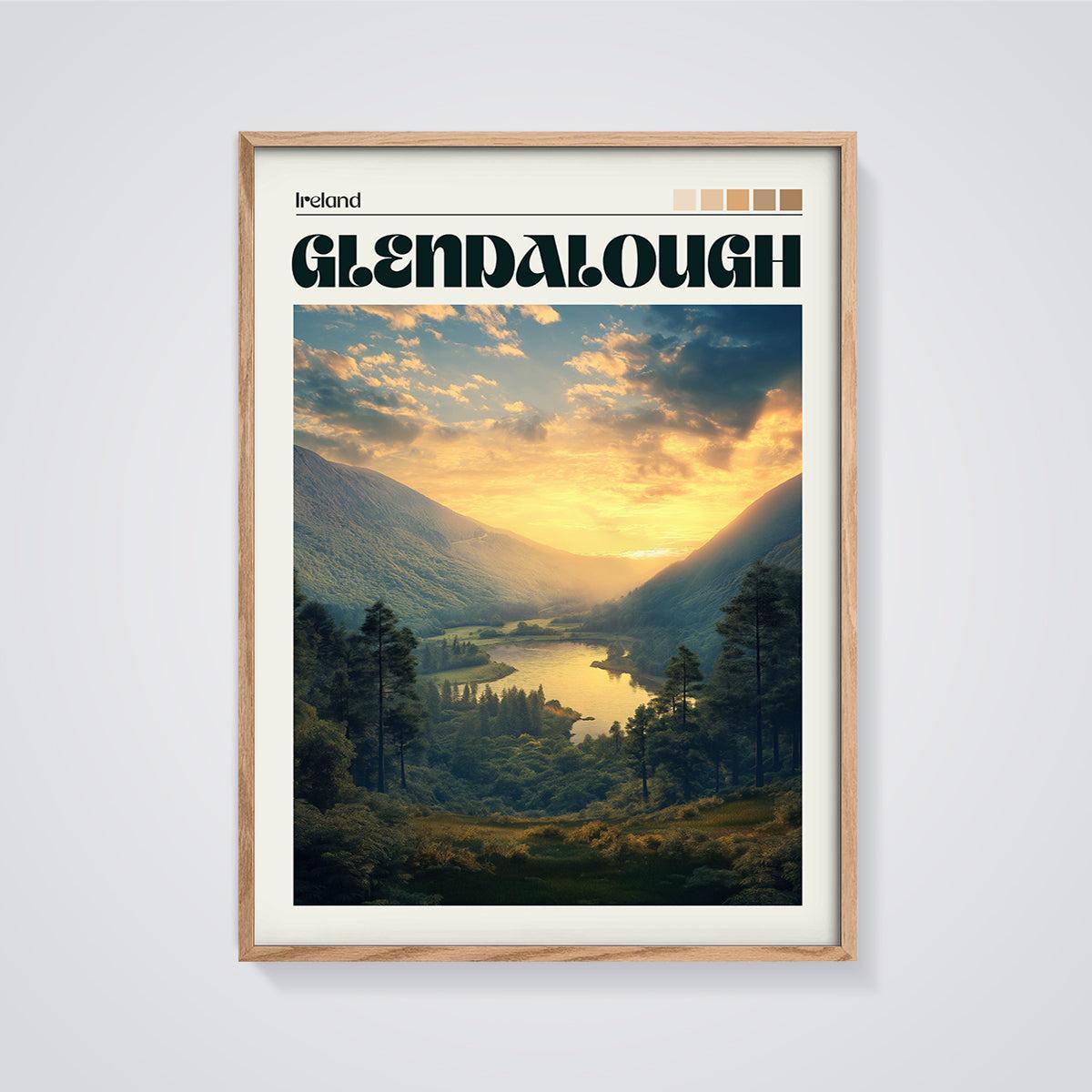 Glendalough Sunset Lake Print framed in oak on a grey background