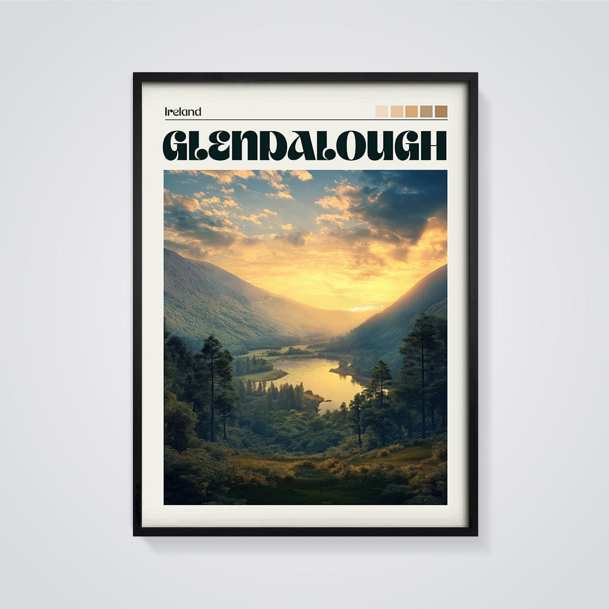 Glendalough Sunset Lake Print framed in black on a grey background