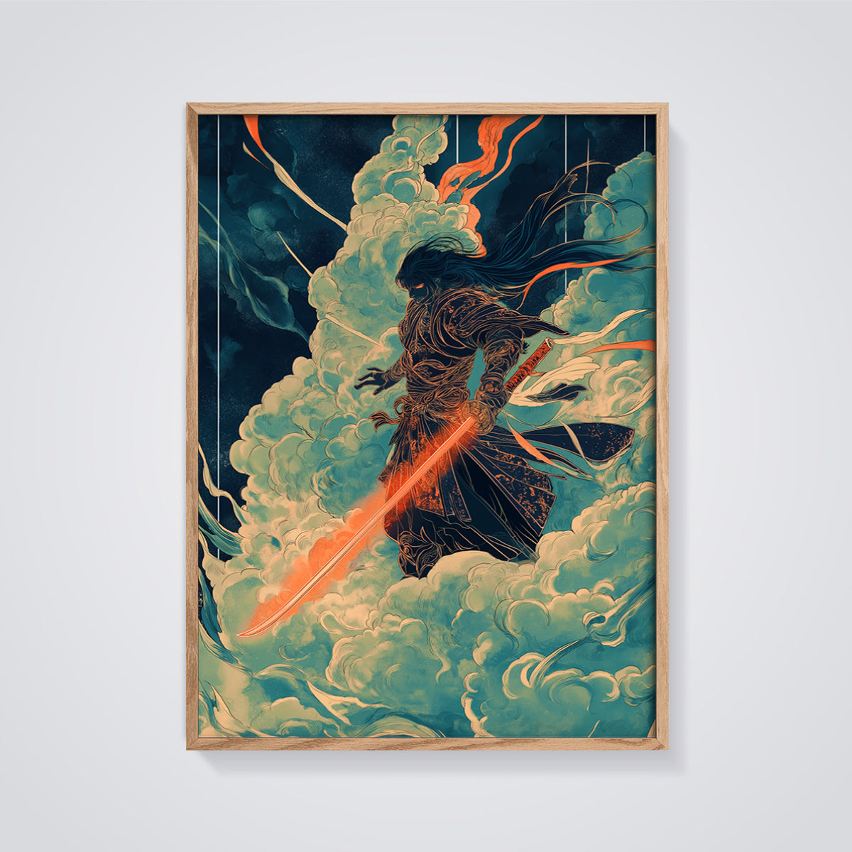 Glowing Katana Samurai Print framed in oak on a grey background