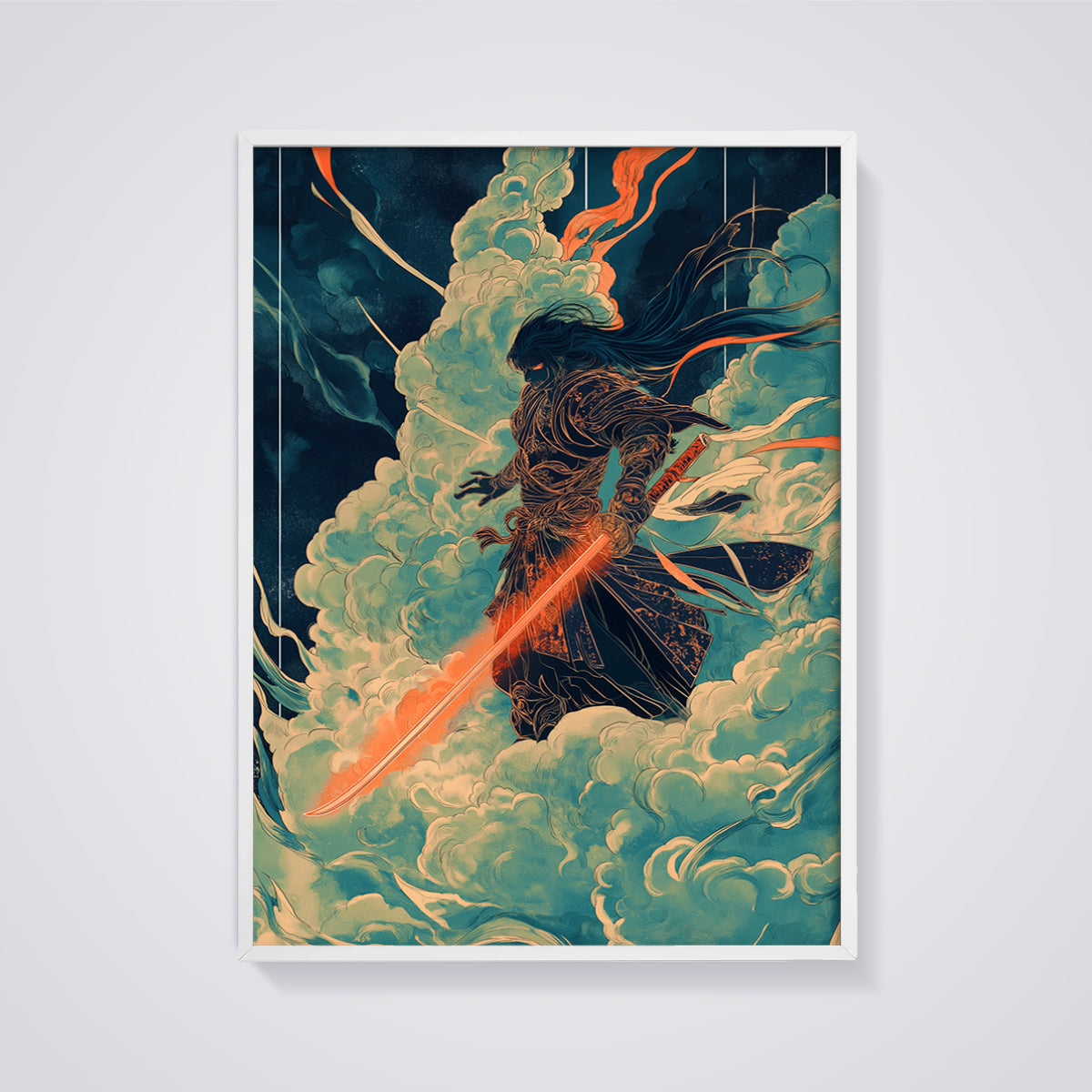 Glowing Katana Samurai Print framed in white on a grey background