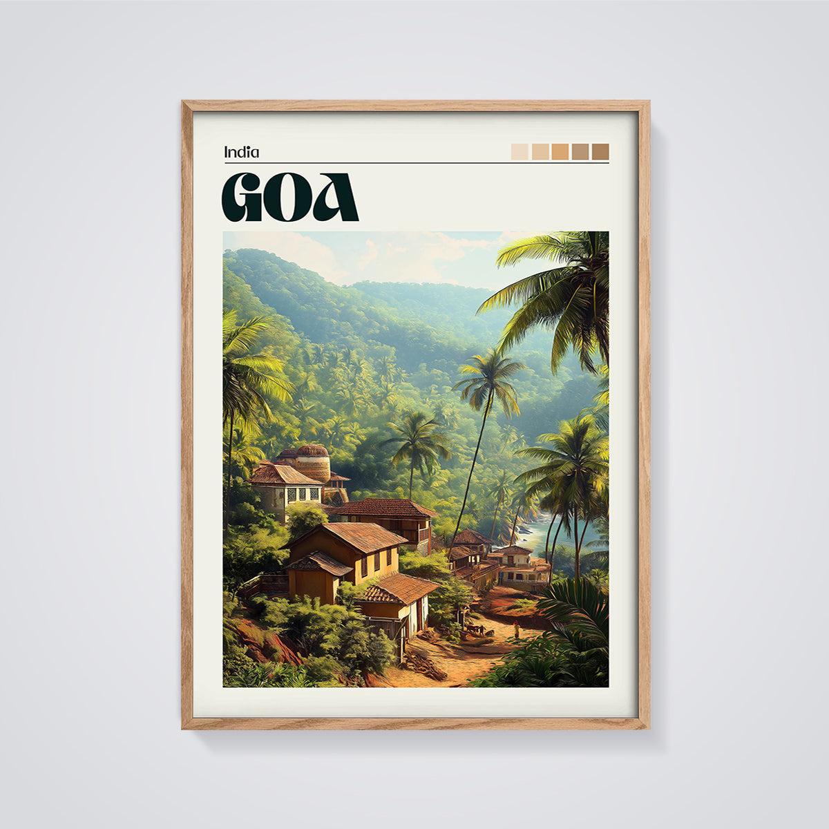 Goa India Tropical Village Print framed in oak on a grey background