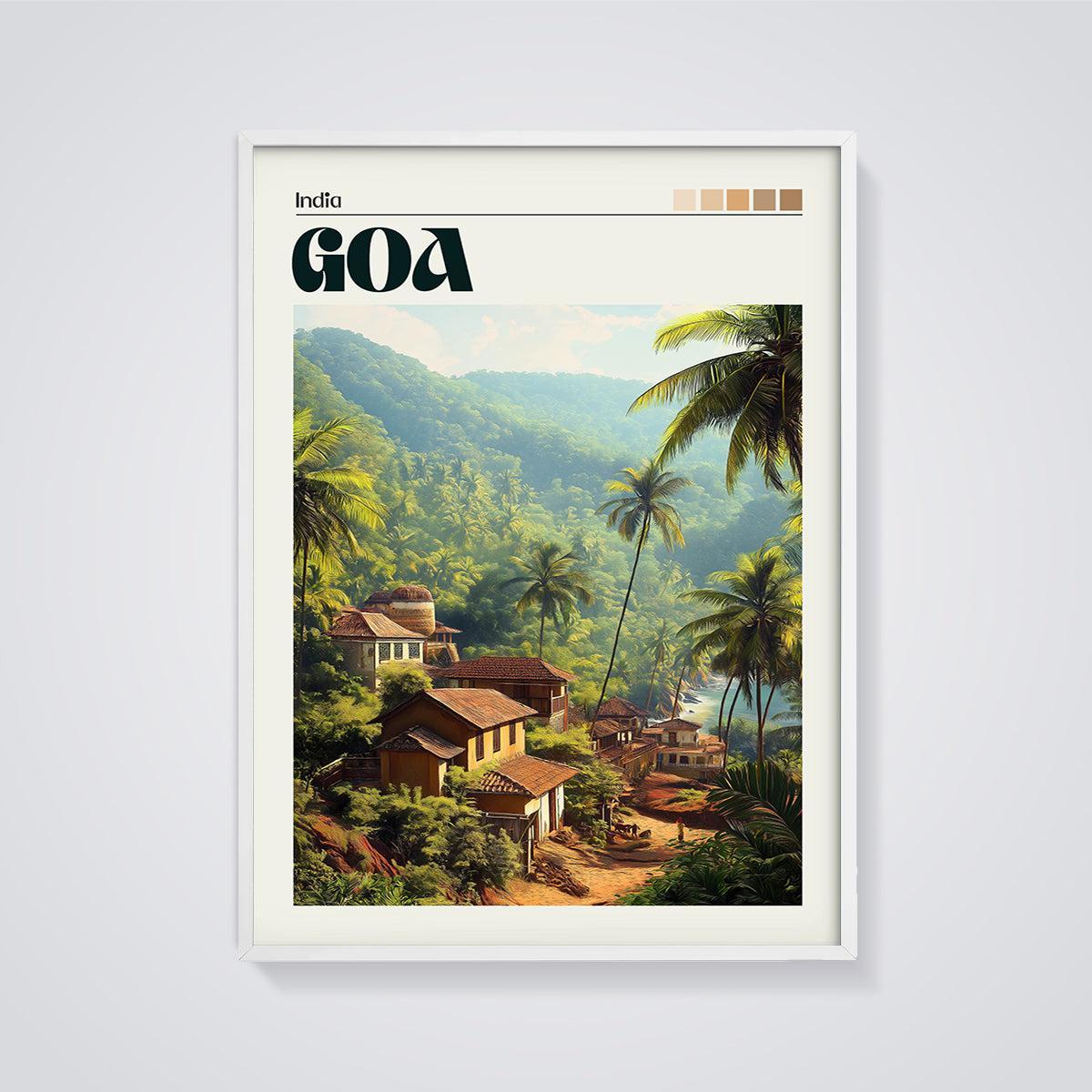 Goa India Tropical Village Print framed in white on a grey background
