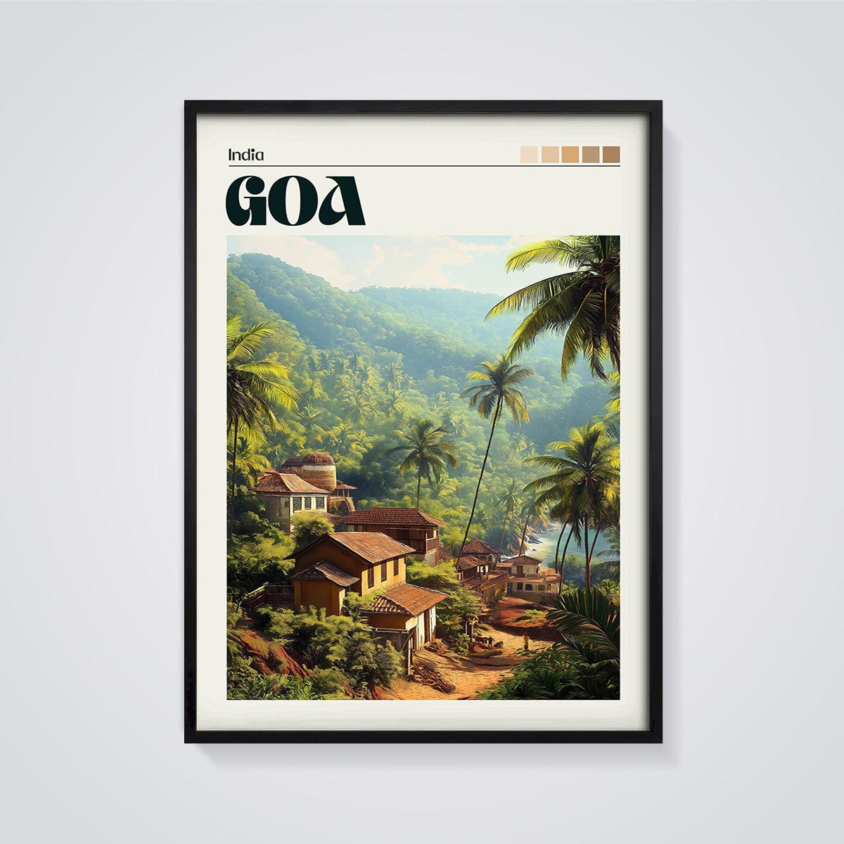 Goa India Tropical Village Print framed in black on a grey background