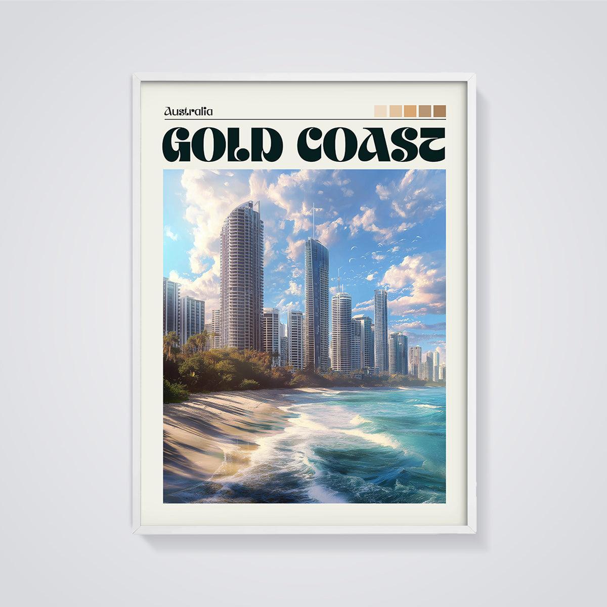 Gold Coast Skyline Beach Print framed in white on a grey background