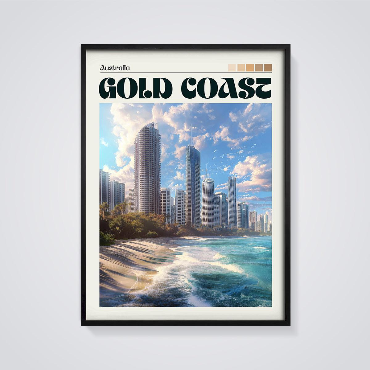 Gold Coast Skyline Beach Print framed in black on a grey background