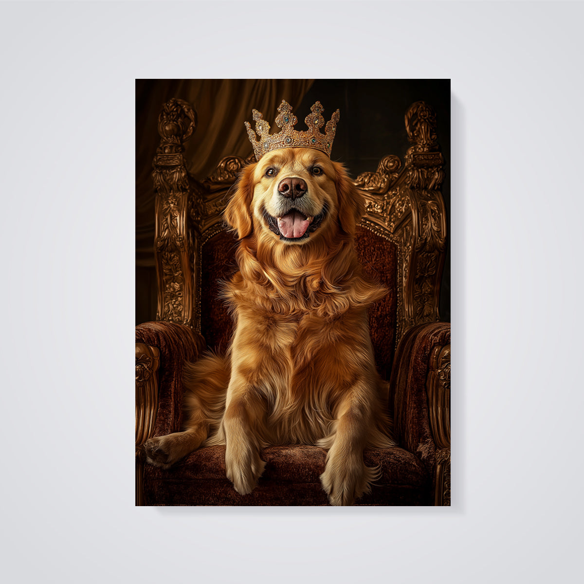 Golden Retriever King Throne Print unframed on a grey background