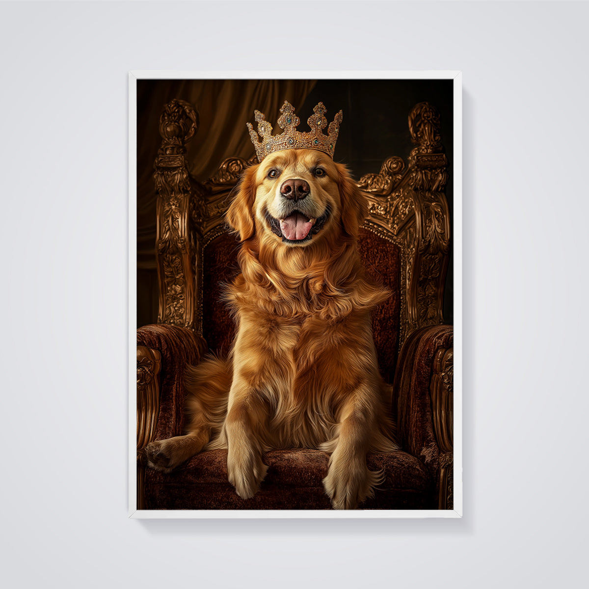 Golden Retriever King Throne Print framed in white on a grey background