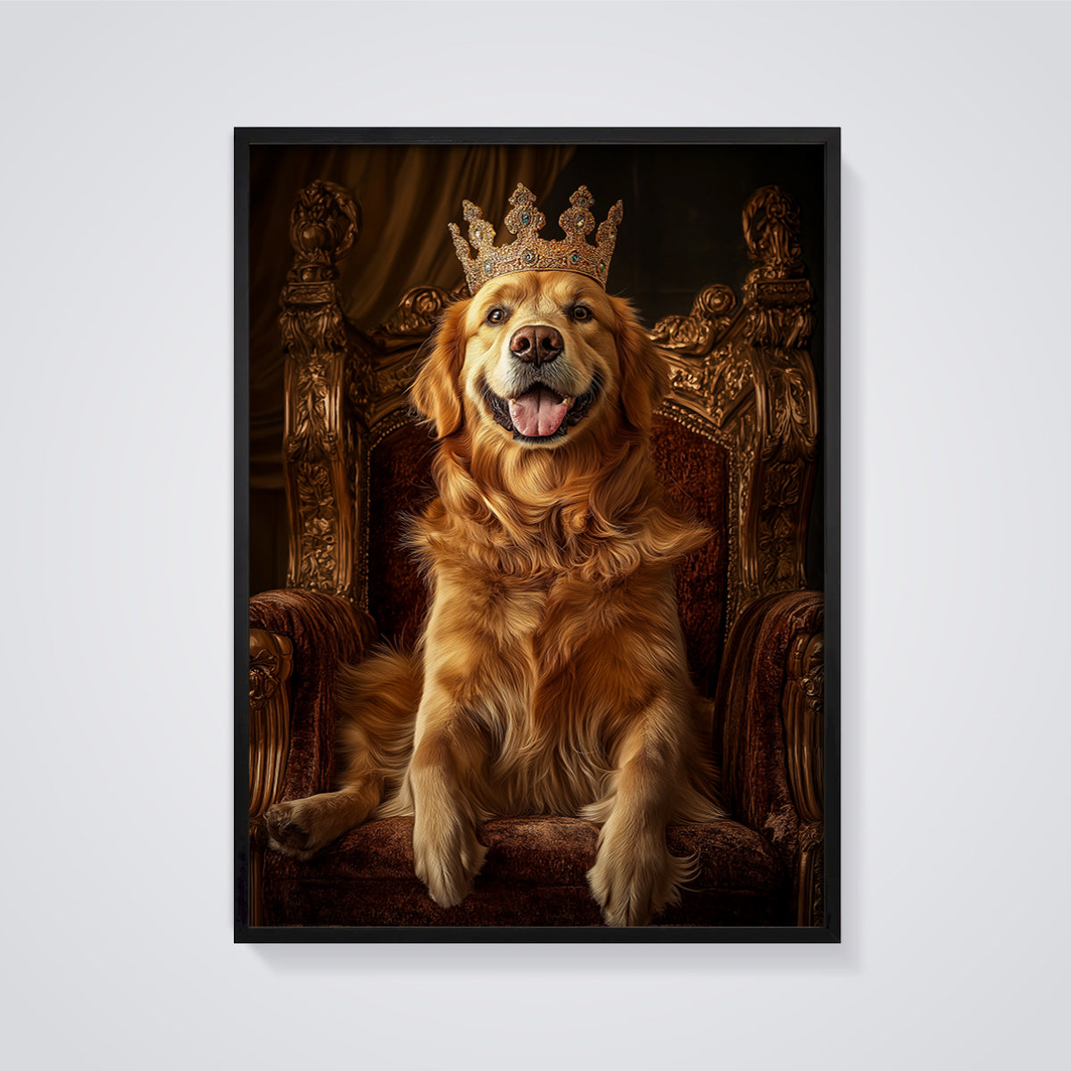 Golden Retriever King Throne Print framed in black on a grey background