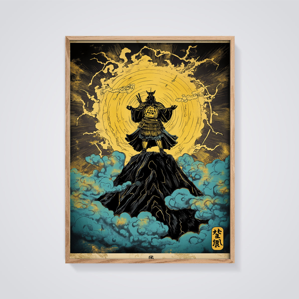 Golden Samurai Warrior Print framed in oak on a grey background