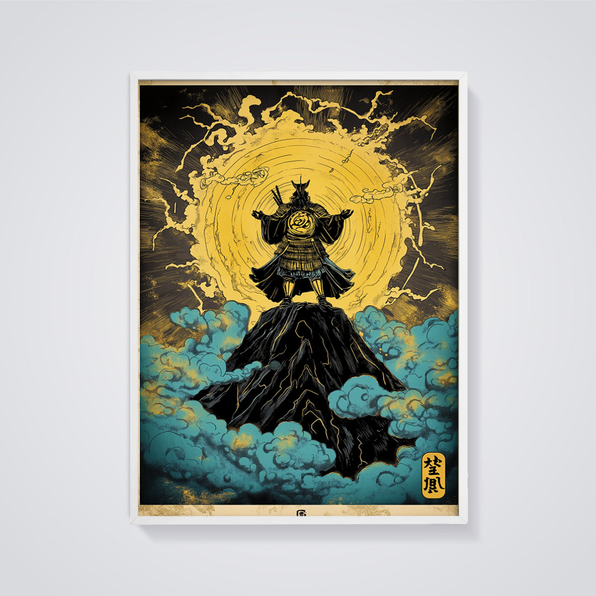 Golden Samurai Warrior Print framed in white on a grey background
