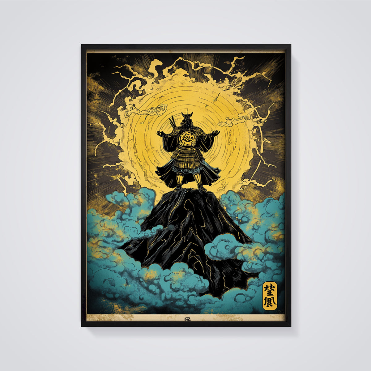 Golden Samurai Warrior Print framed in black on a grey background