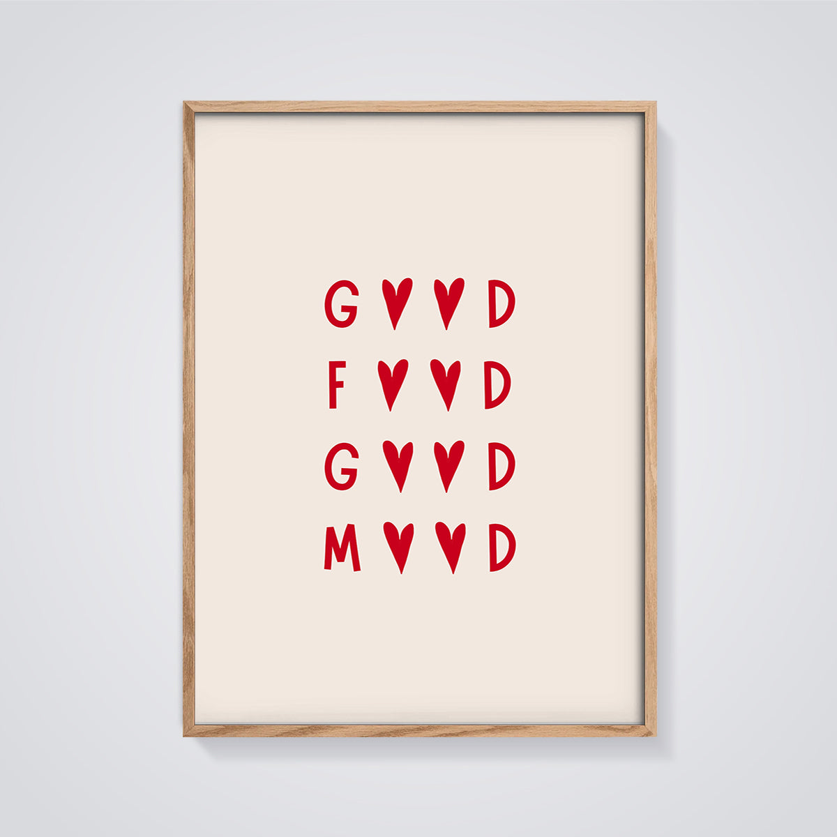 Good Food Good Mood Heart Print framed in oak on a grey background