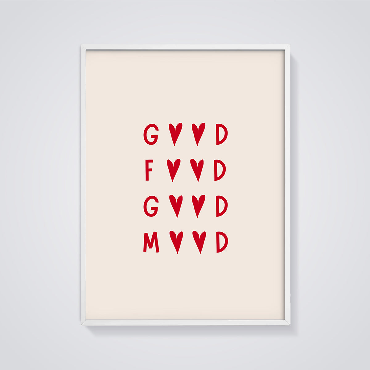 Good Food Good Mood Heart Print framed in white on a grey background