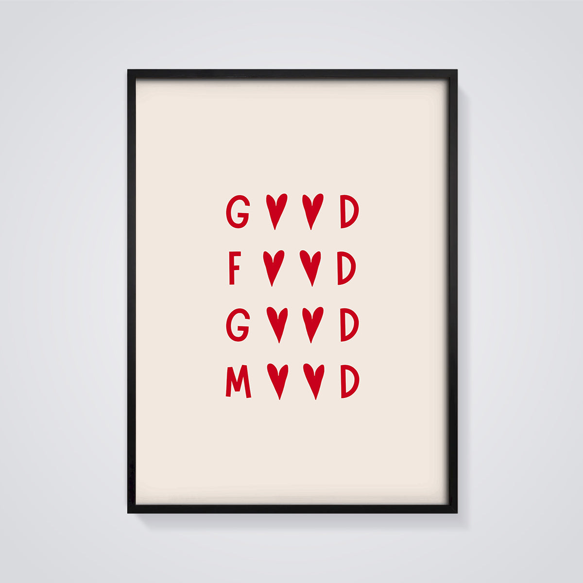 Good Food Good Mood Heart Print framed in black on a grey background