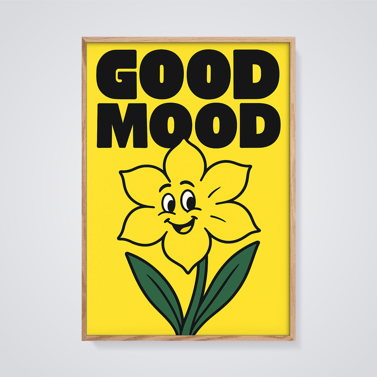Good Mood Happy Flower Print framed in oak on a grey background