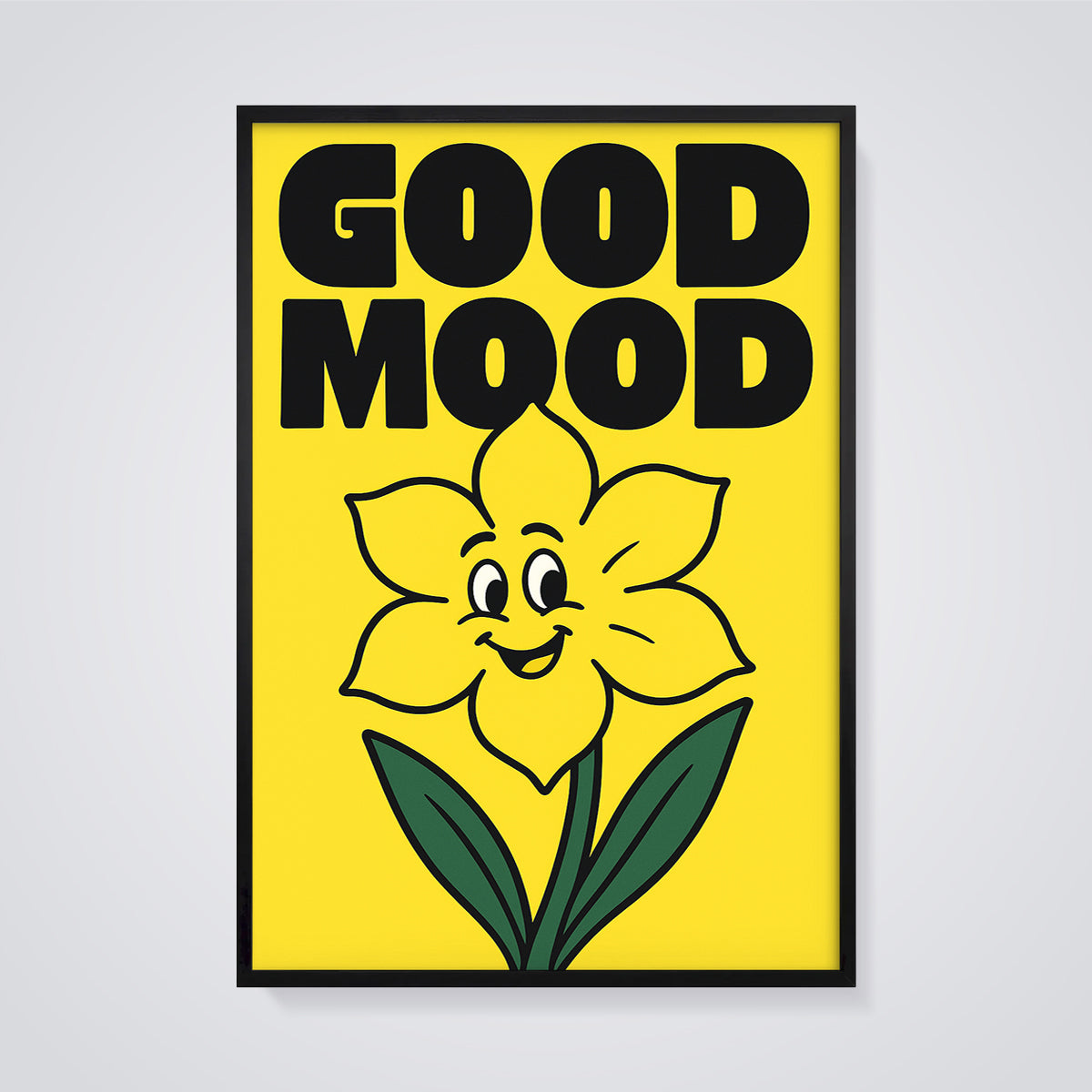 Good Mood Happy Flower Print framed in black on a grey background