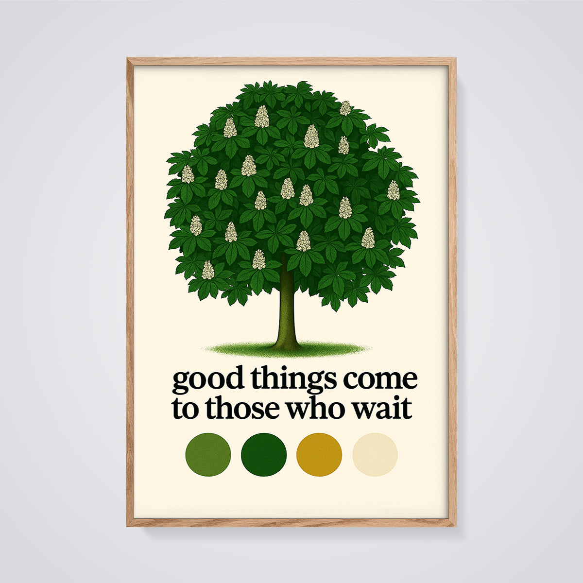 Good Things Come To Those Who Wait Tree Print framed in oak on a grey background