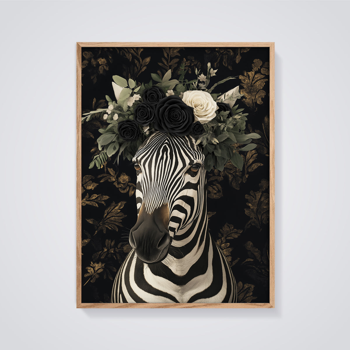 Gothic Floral Zebra Print framed in oak on a grey background