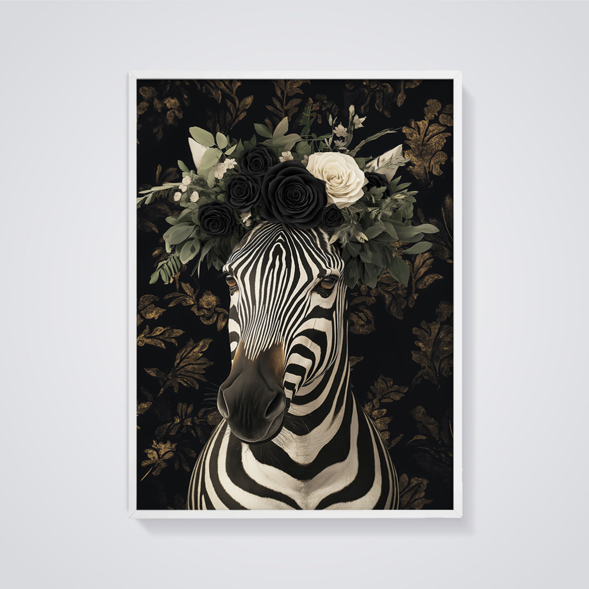 Gothic Floral Zebra Print framed in white on a grey background