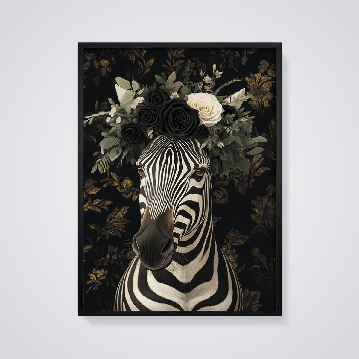 Gothic Floral Zebra Print framed in black on a grey background
