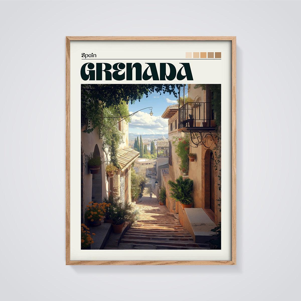 Granada Old Town Street Print framed in oak on a grey background