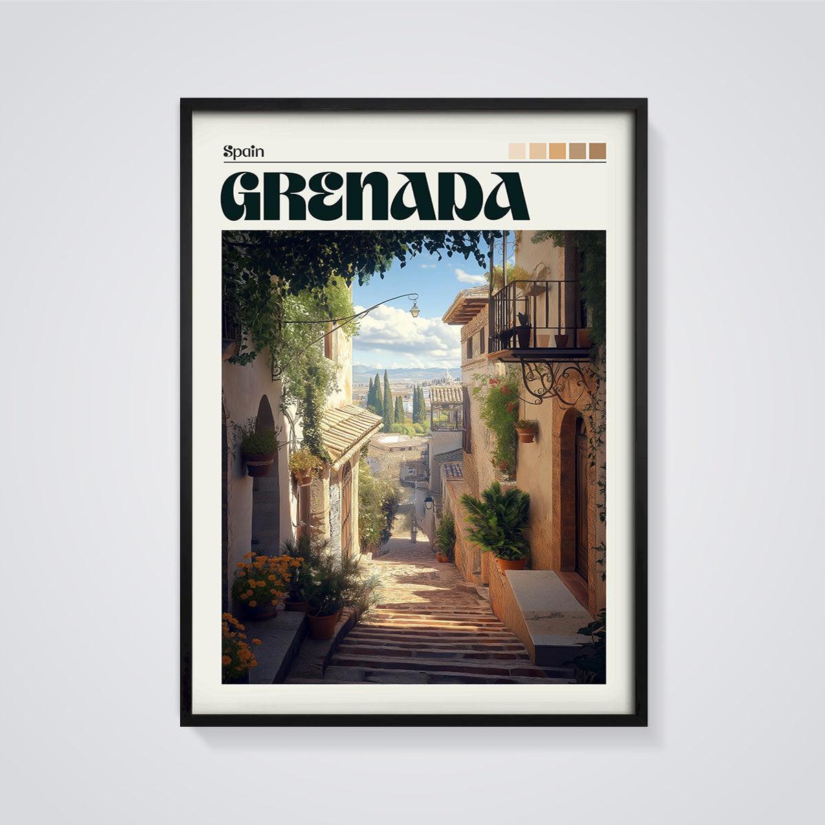 Granada Old Town Street Print framed in black on a grey background