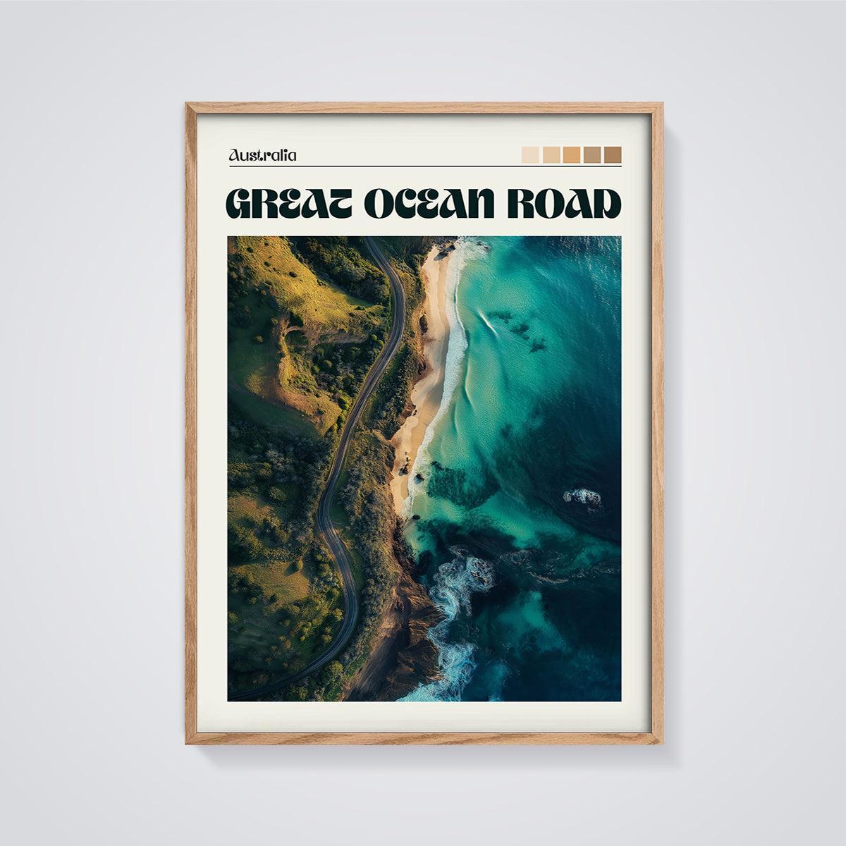 Great Ocean Road Aerial Print framed in oak on a grey background