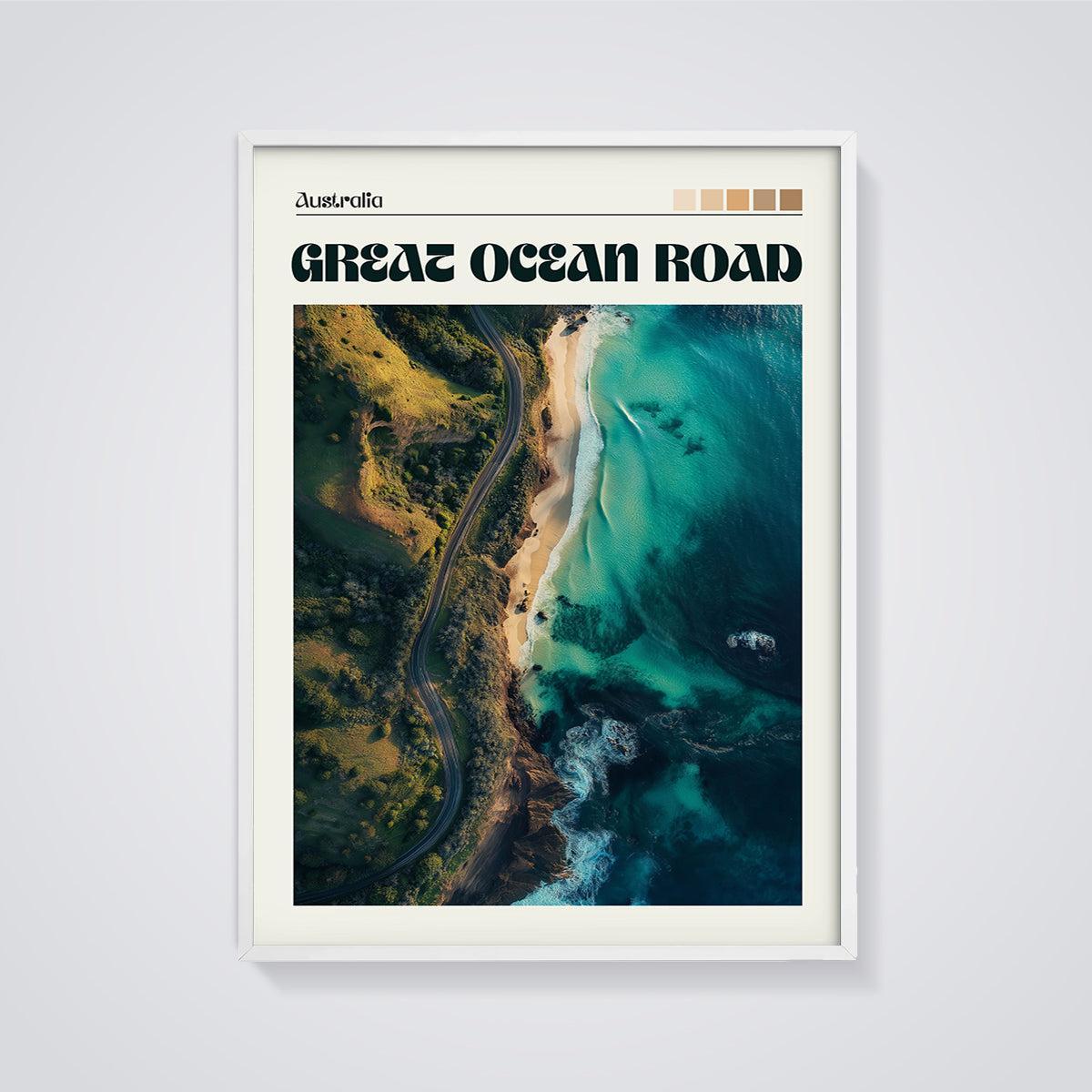 Great Ocean Road Aerial Print framed in white on a grey background