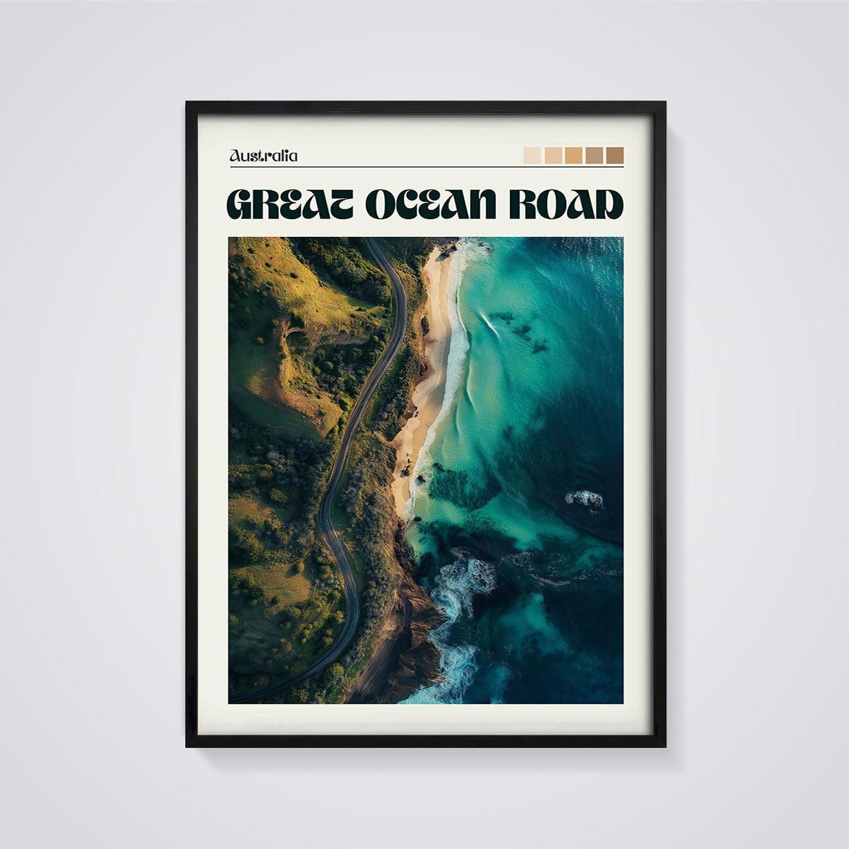 Great Ocean Road Aerial Print framed in black on a grey background